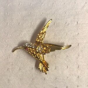 Vintage Gold Tone with Rhinestones Hummingbird Brooch